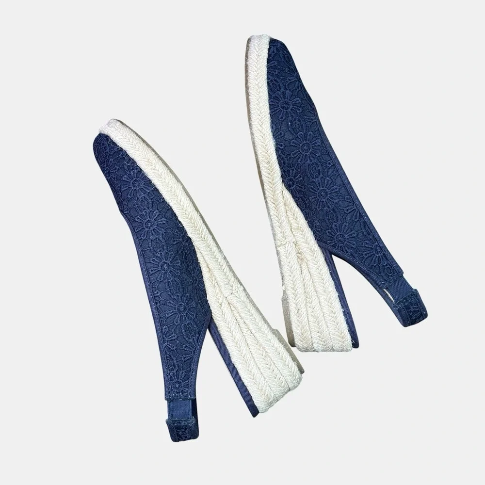 LifeStride Navy Floral Lace Slingback Espadrille Wedge Shoes Women's 9.5 Comfort